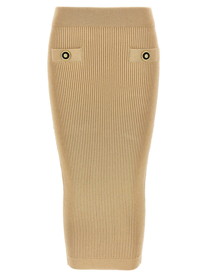 Balmain Ribbed Midi Skirt Beige