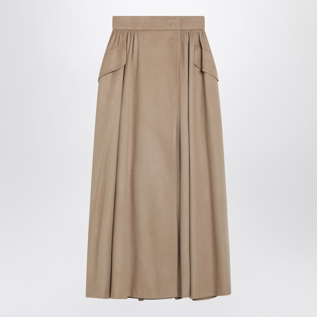 Max Mara Beige Midi Camel Drap Skirt with Asymmetric Wrap and Pleats Beige