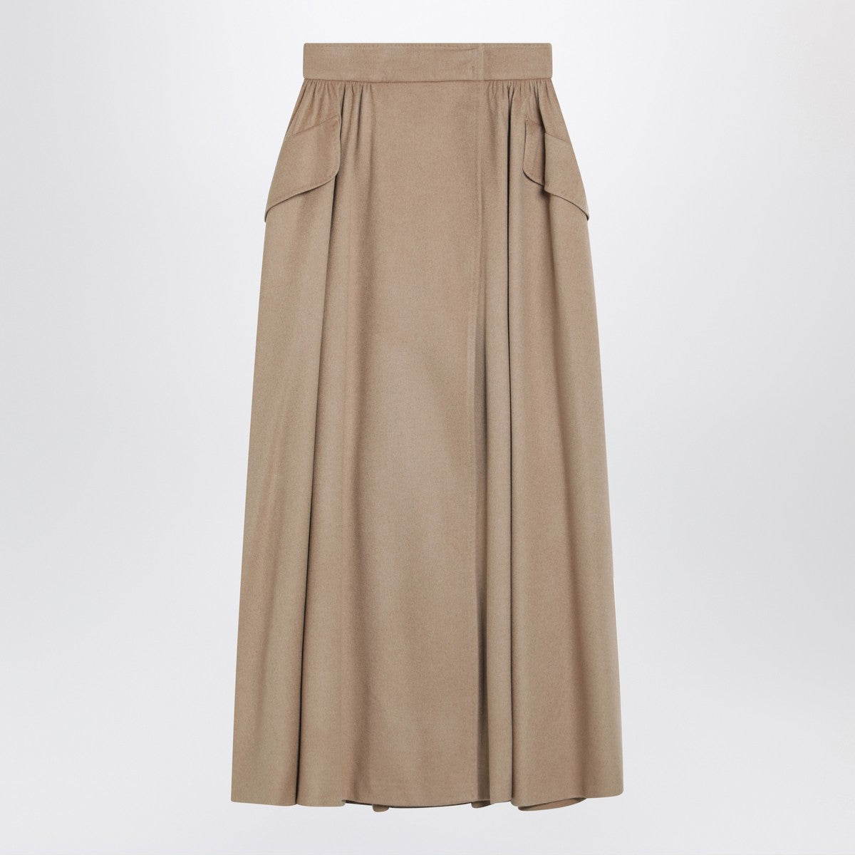 Max Mara Beige Midi Camel Drap Skirt with Asymmetric Wrap and Pleats Beige