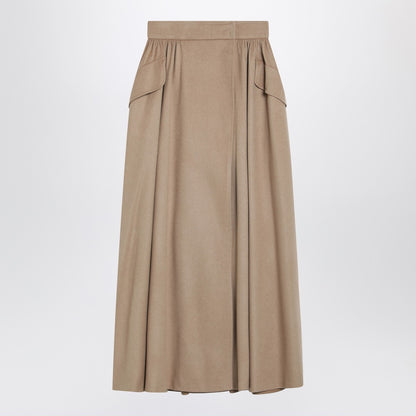 Max Mara Beige Midi Camel Drap Skirt with Asymmetric Wrap and Pleats Beige