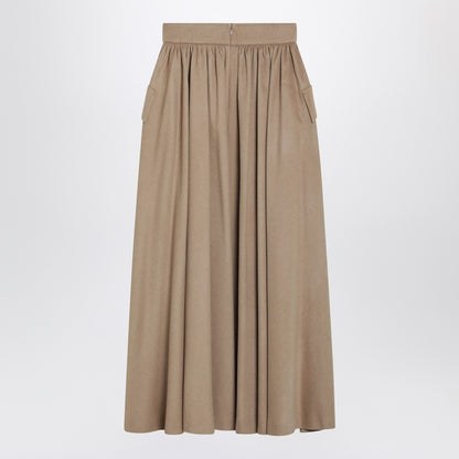 Max Mara Beige Midi Camel Drap Skirt with Asymmetric Wrap and Pleats Beige