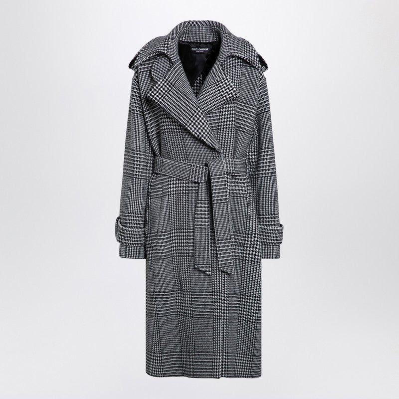 Dolce & Gabbana Houndstooth Wool Double-Breasted Checked Coat Grey