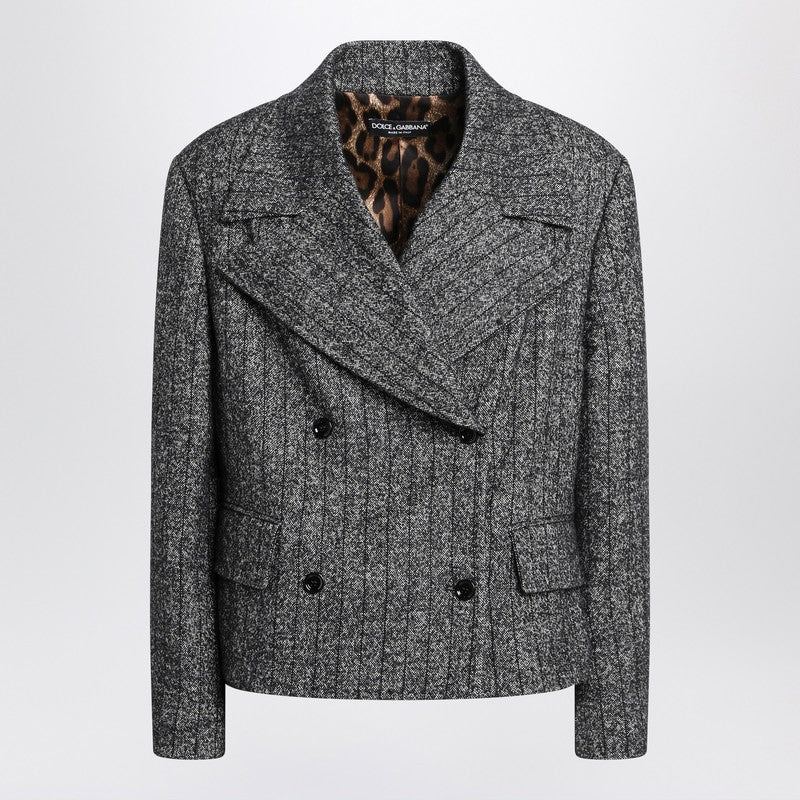 Dolce &amp; Gabbana Dark Grey Striped Wool-Blend Short Oversized Jacket grey