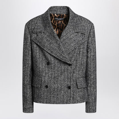 Dolce &amp; Gabbana Dark Grey Striped Wool-Blend Short Oversized Jacket grey