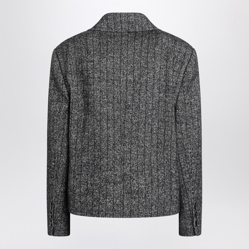 Dolce &amp; Gabbana Dark Grey Striped Wool-Blend Short Oversized Jacket grey