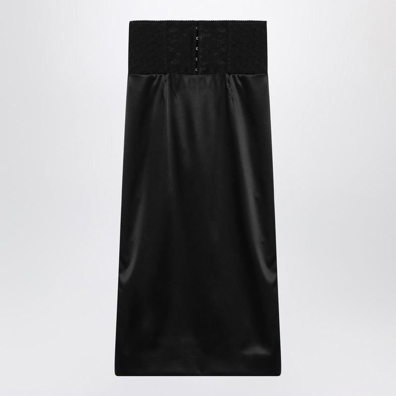 Dolce & Gabbana Black Silk Satin Midi Skirt with Corset Belt Black