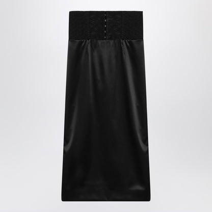 Dolce &amp; Gabbana Black Silk Satin Midi Skirt with Corset Belt Black