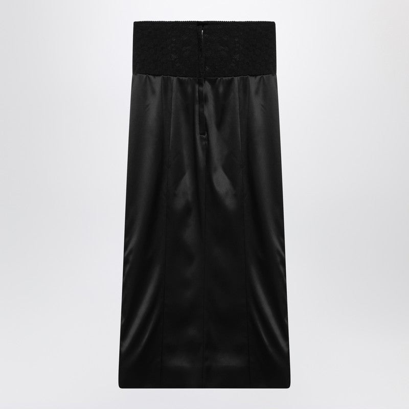 Dolce & Gabbana Black Silk Satin Midi Skirt with Corset Belt Black