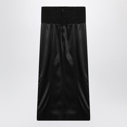 Dolce &amp; Gabbana Black Silk Satin Midi Skirt with Corset Belt Black