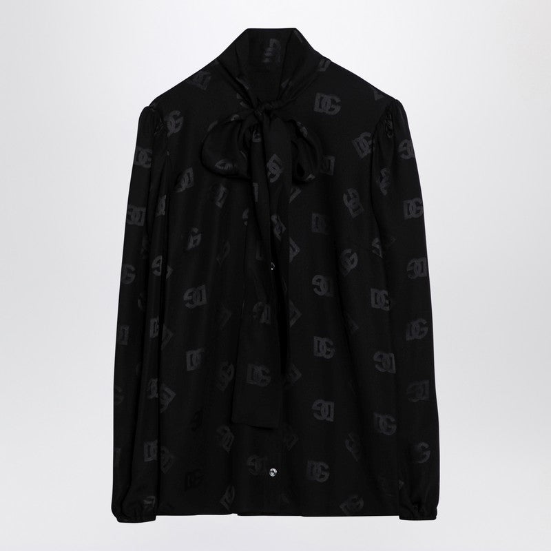 Dolce &amp; Gabbana Black Jacquard Silk Satin Shirt with DG Logo Black
