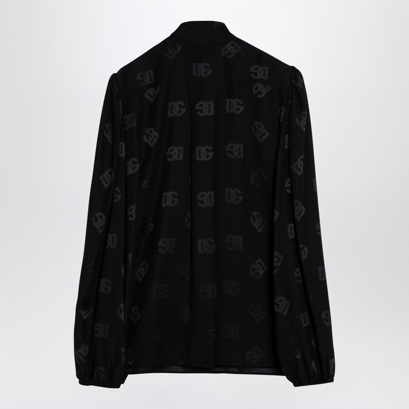 Dolce &amp; Gabbana Black Jacquard Silk Satin Shirt with DG Logo Black