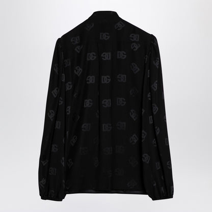 Dolce &amp; Gabbana Black Jacquard Silk Satin Shirt with DG Logo Black