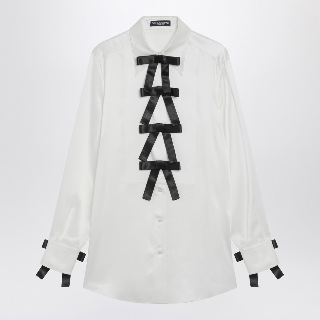 Dolce &amp; Gabbana White Silk Shirt with Black Bow Detailing White