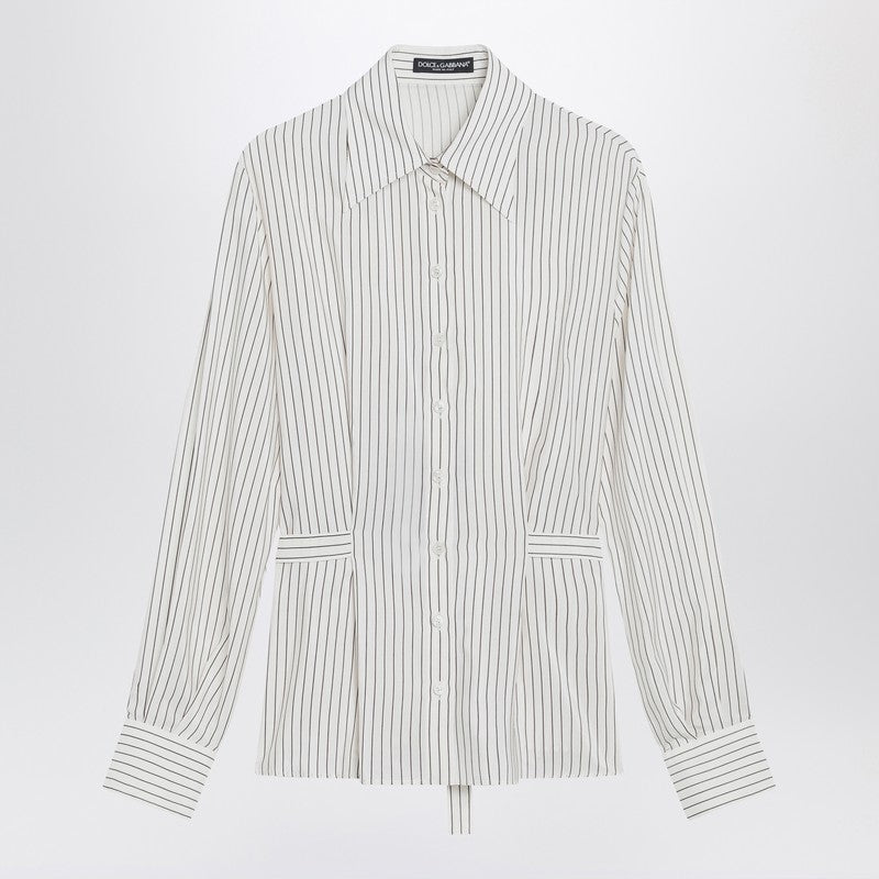 Dolce &amp; Gabbana White Pinstriped Silk-Cotton Shirt with Belted Waist White