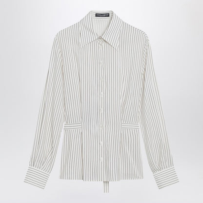 Dolce &amp; Gabbana White Pinstriped Silk-Cotton Shirt with Belted Waist White