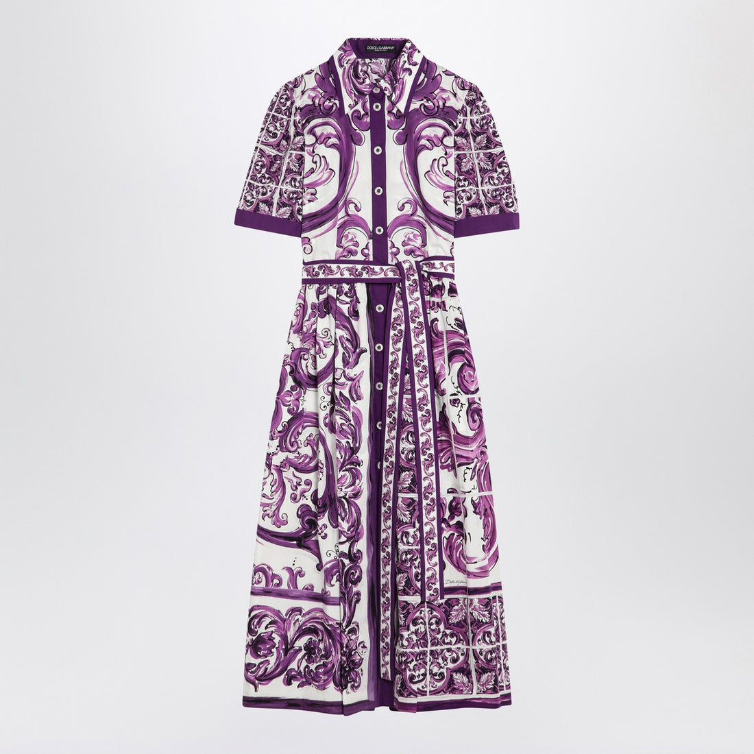 Dolce &amp; Gabbana Poplin Shirt Dress with Maiolica Print Purple