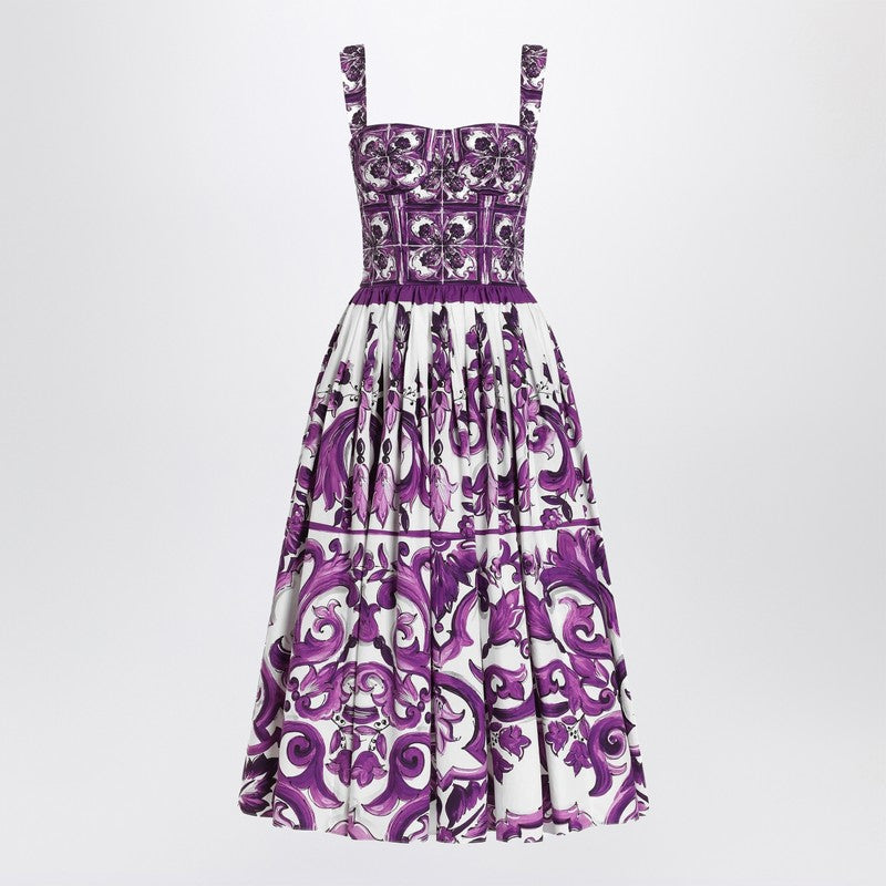 Dolce &amp; Gabbana Purple Majolica Print Cotton Poplin Dress with Pleated Skirt Purple