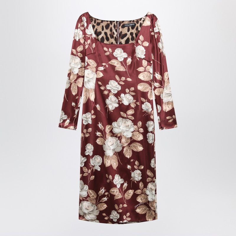 Dolce &amp; Gabbana Burgundy Satin Floral-Print Dress Pink