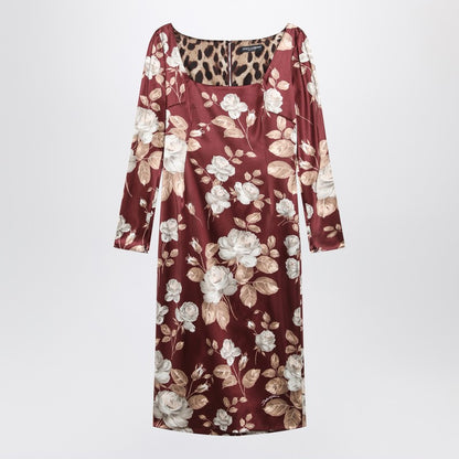 Dolce &amp; Gabbana Burgundy Satin Floral-Print Dress Pink