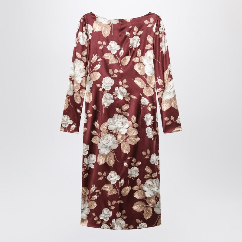 Dolce &amp; Gabbana Burgundy Satin Floral-Print Dress Pink