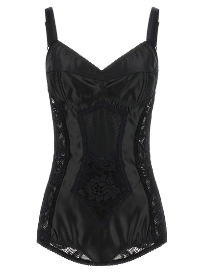 Dolce &amp; Gabbana Satin And Lace Corsetry Bodysuit Black