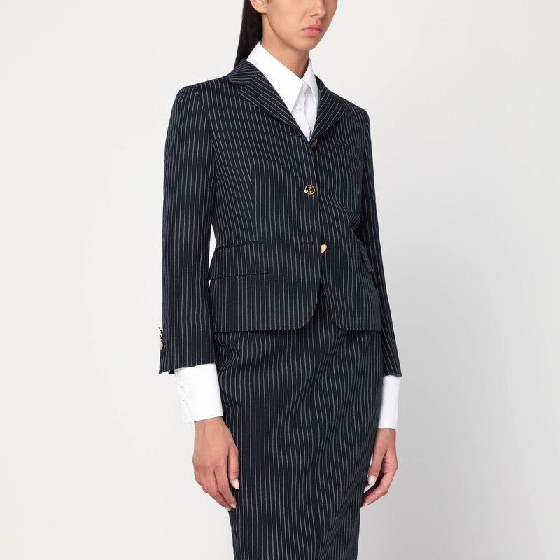 Thom Browne Navy Pinstripe Wool Blazer with Signature Tricolour Detailing Blue