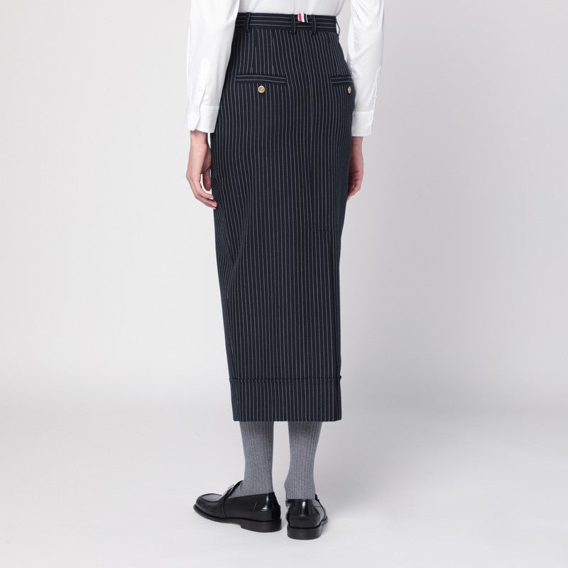 Thom Browne Navy Blue Pinstriped Virgin Wool Pencil Skirt Blue