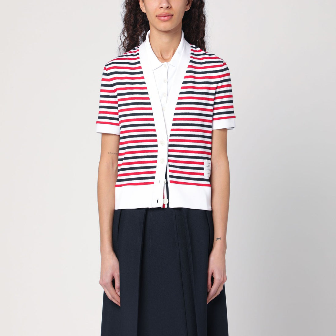 Thom Browne Striped Linen Cardigan with Logo Patch Multicolor