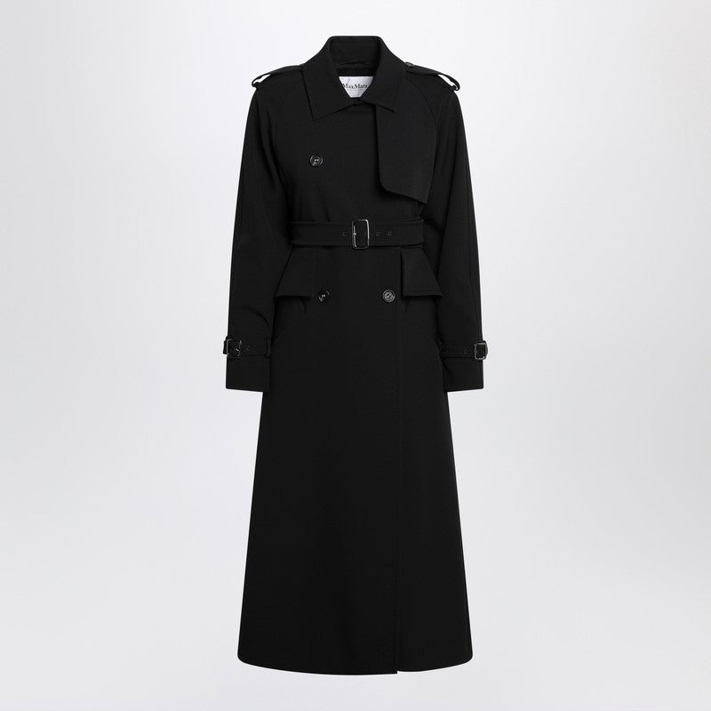 Max Mara Black Long Trench Coat in Stretch Sable Black