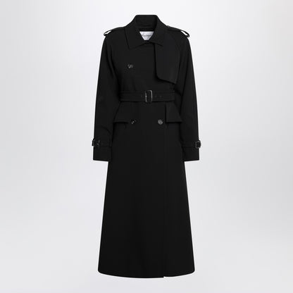 Max Mara Black Long Trench Coat in Stretch Sable Black