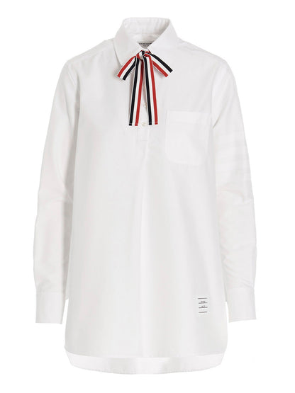 Thom Browne Logo Pussy Bow Blouse White