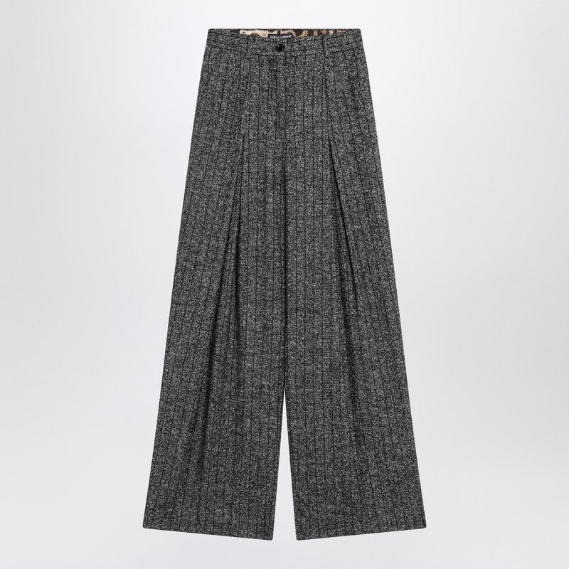 Dolce &amp; Gabbana Wide Leg Dark Grey Striped Wool Trousers Grey