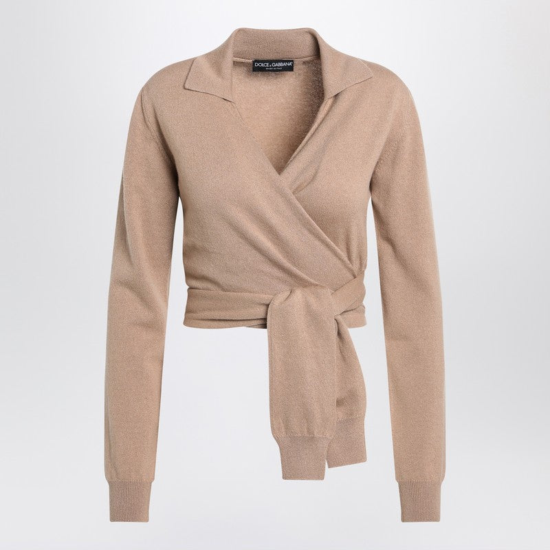 Dolce &amp; Gabbana Beige Cashmere Wrap Cardigan with Polo Collar Beige