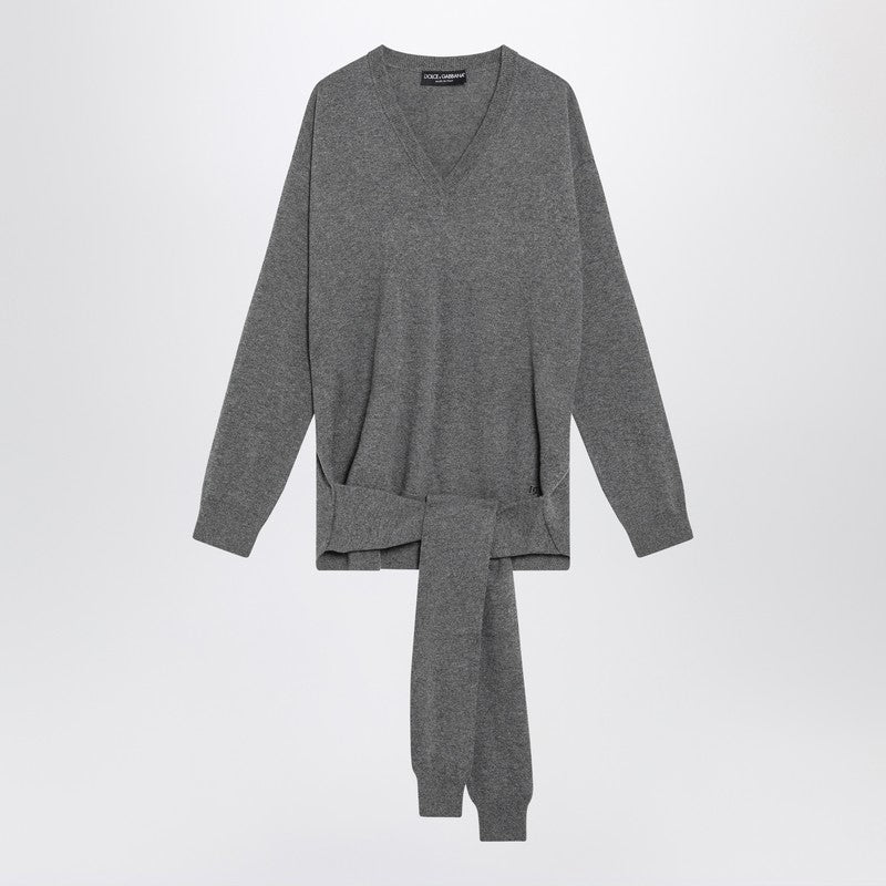 Dolce &amp; Gabbana Grey Cashmere V-Neck Sweater with Crossed Front Sleeves Grey