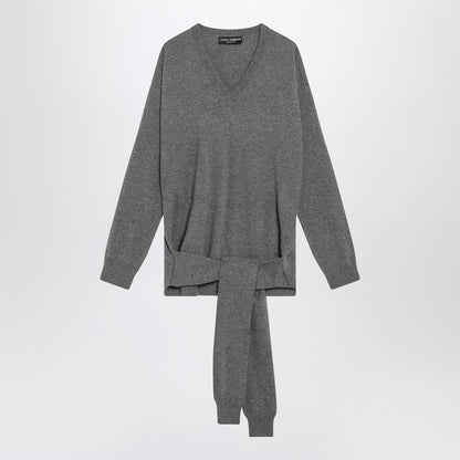 Dolce &amp; Gabbana Grey Cashmere V-Neck Sweater with Crossed Front Sleeves Grey
