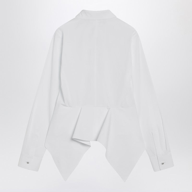 Max Mara White Stretch Cotton Poplin Shirt with Asymmetric Waist Ruffle White