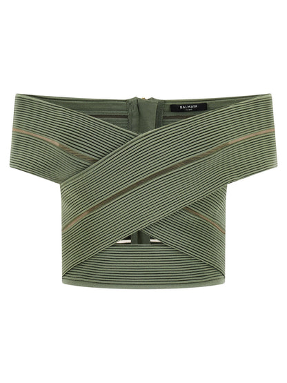 Balmain Off-the-shoulder Crop Top Green