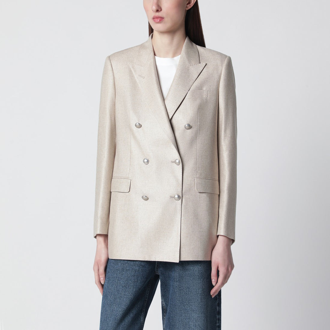 Tagliatore Double-Breasted Silk Jacket Beige