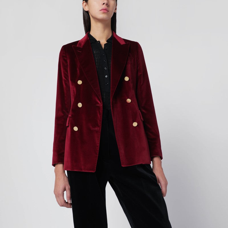Tagliatore Double-Breasted Velvet Jacket in Burgundy