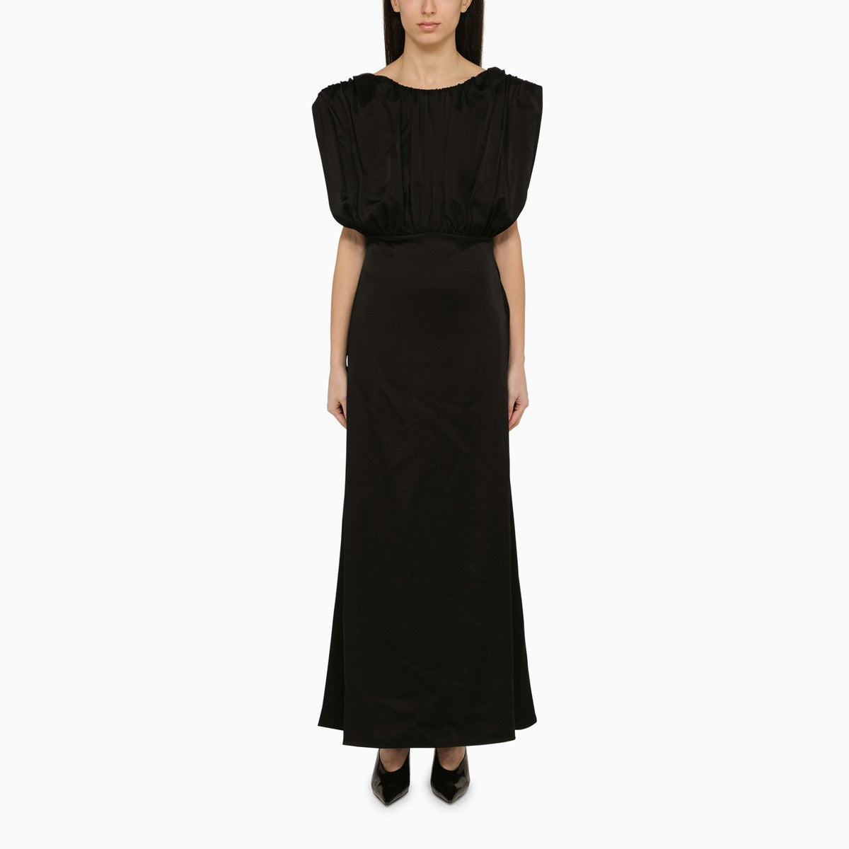 Jil Sander Long Sleeveless Draped Dress with Black Ruffles Black