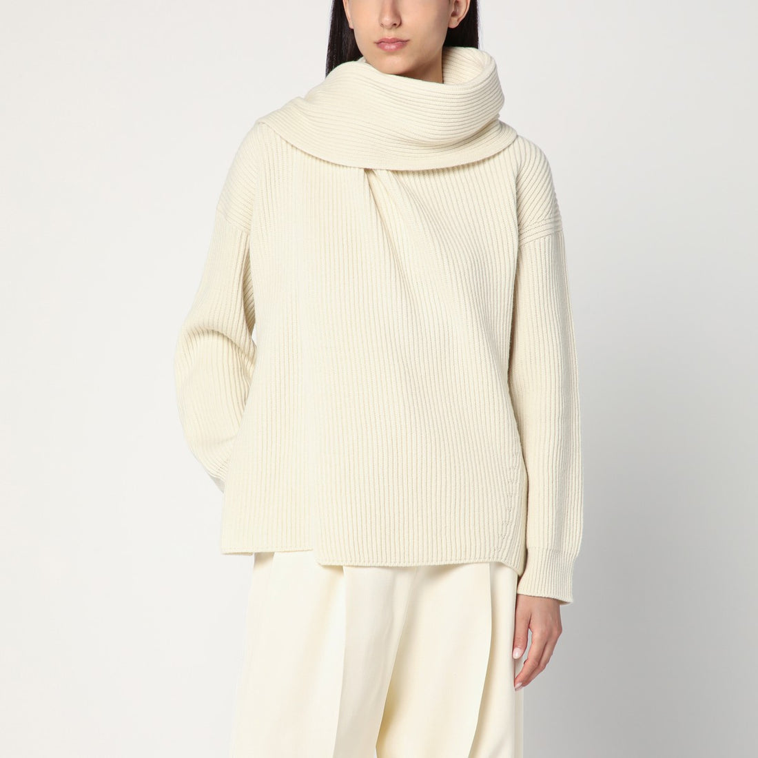 Jil Sander Ivory wool sweater with integrated scarf beige