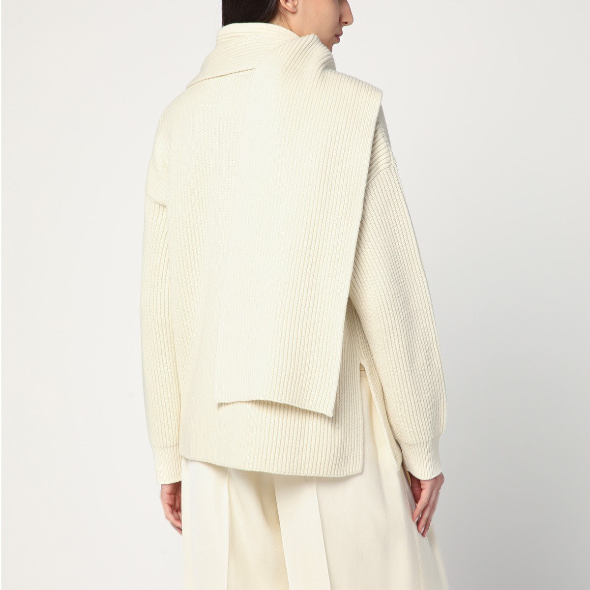Jil Sander Ivory wool sweater with integrated scarf beige