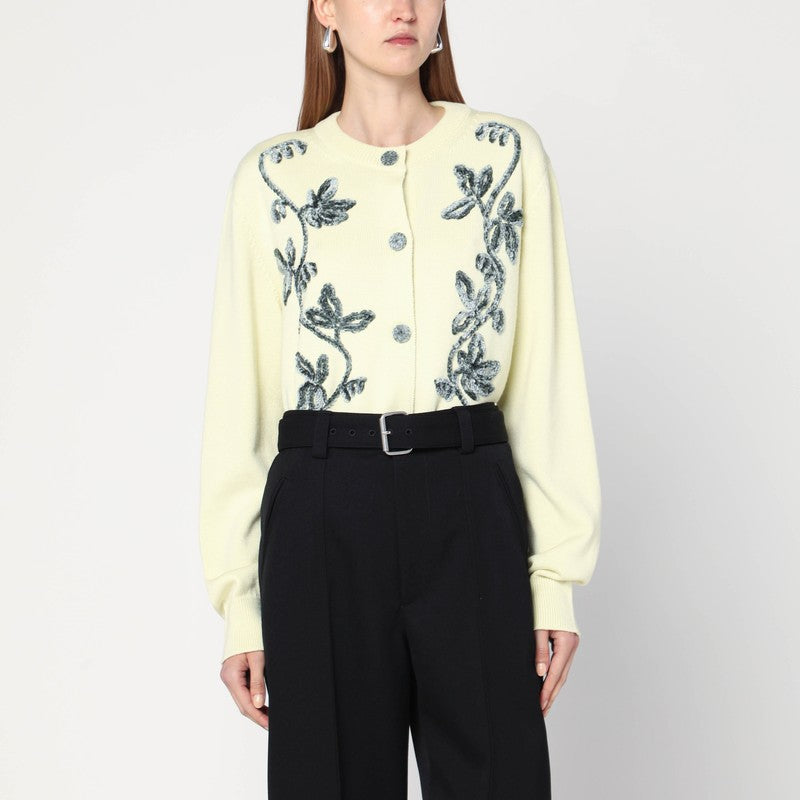Jil Sander Light Yellow Virgin Wool Cardigan with Floral Embroidery Yellow