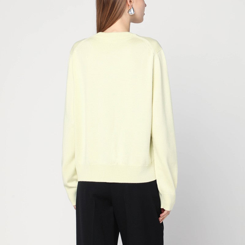 Jil Sander Light Yellow Virgin Wool Cardigan with Floral Embroidery Yellow