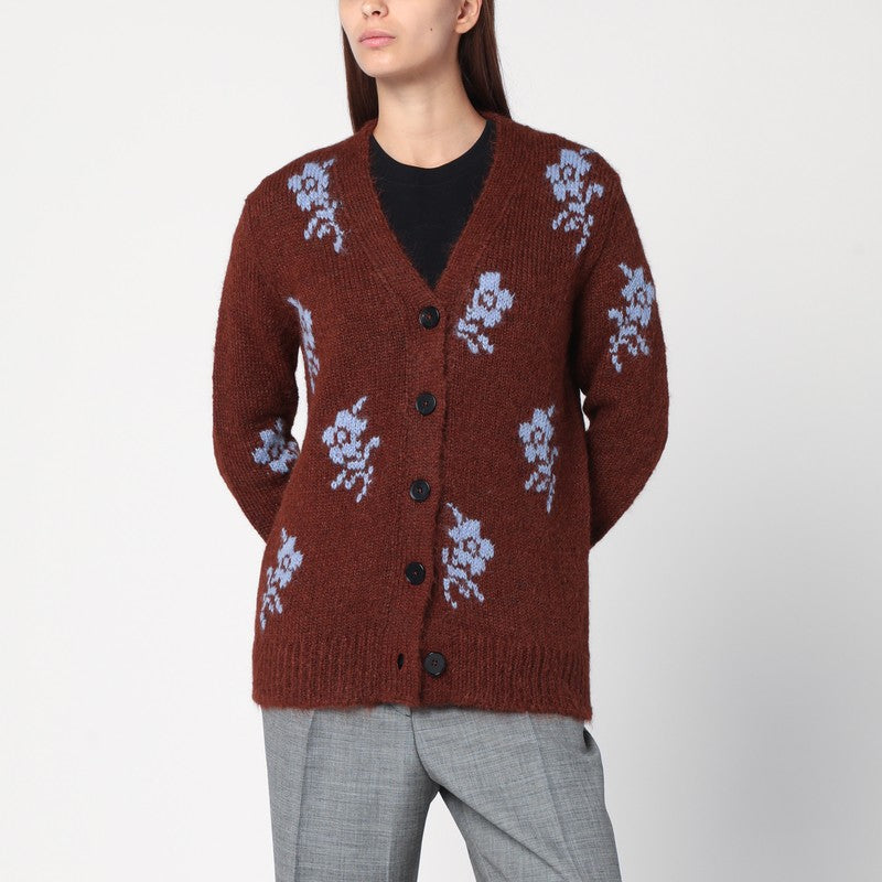 Jil Sander Brown Alpaca Wool Floral-Intarsia Oversized Cardigan Brown