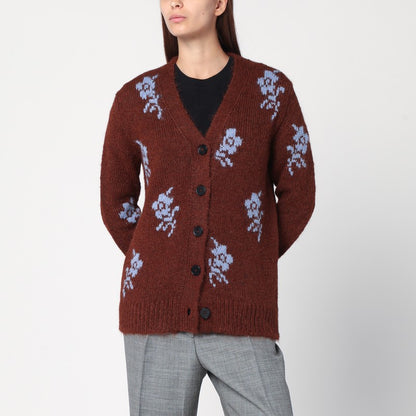 Jil Sander Brown Alpaca Wool Floral-Intarsia Oversized Cardigan Brown
