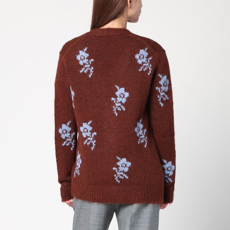 Jil Sander Brown Alpaca Wool Floral-Intarsia Oversized Cardigan Brown
