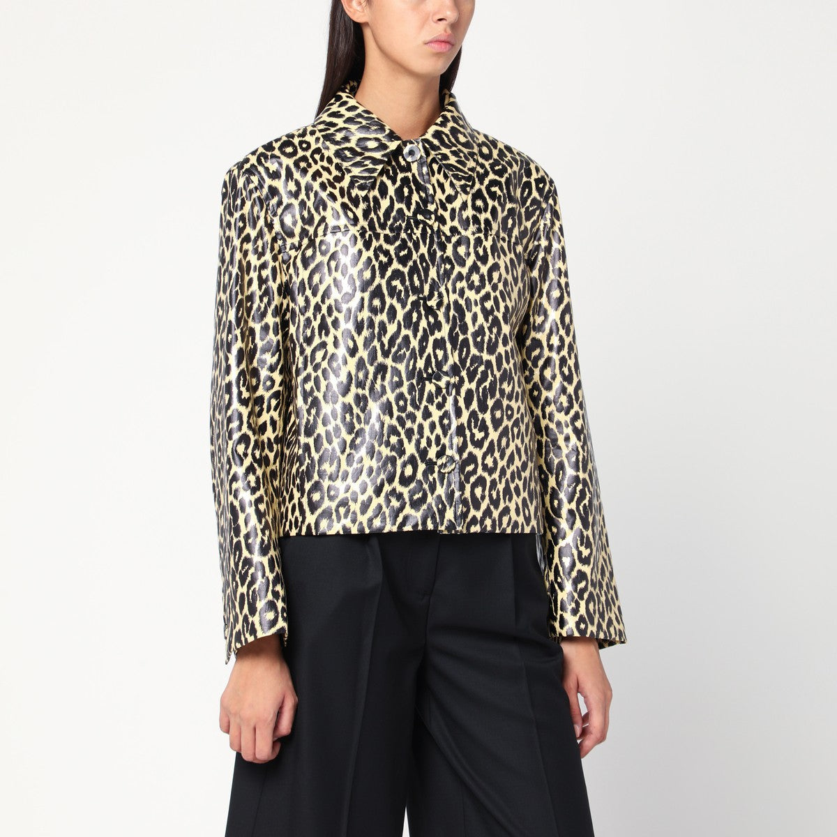 Jil Sander Leopard-Print Coated Linen Short Jacket Beige