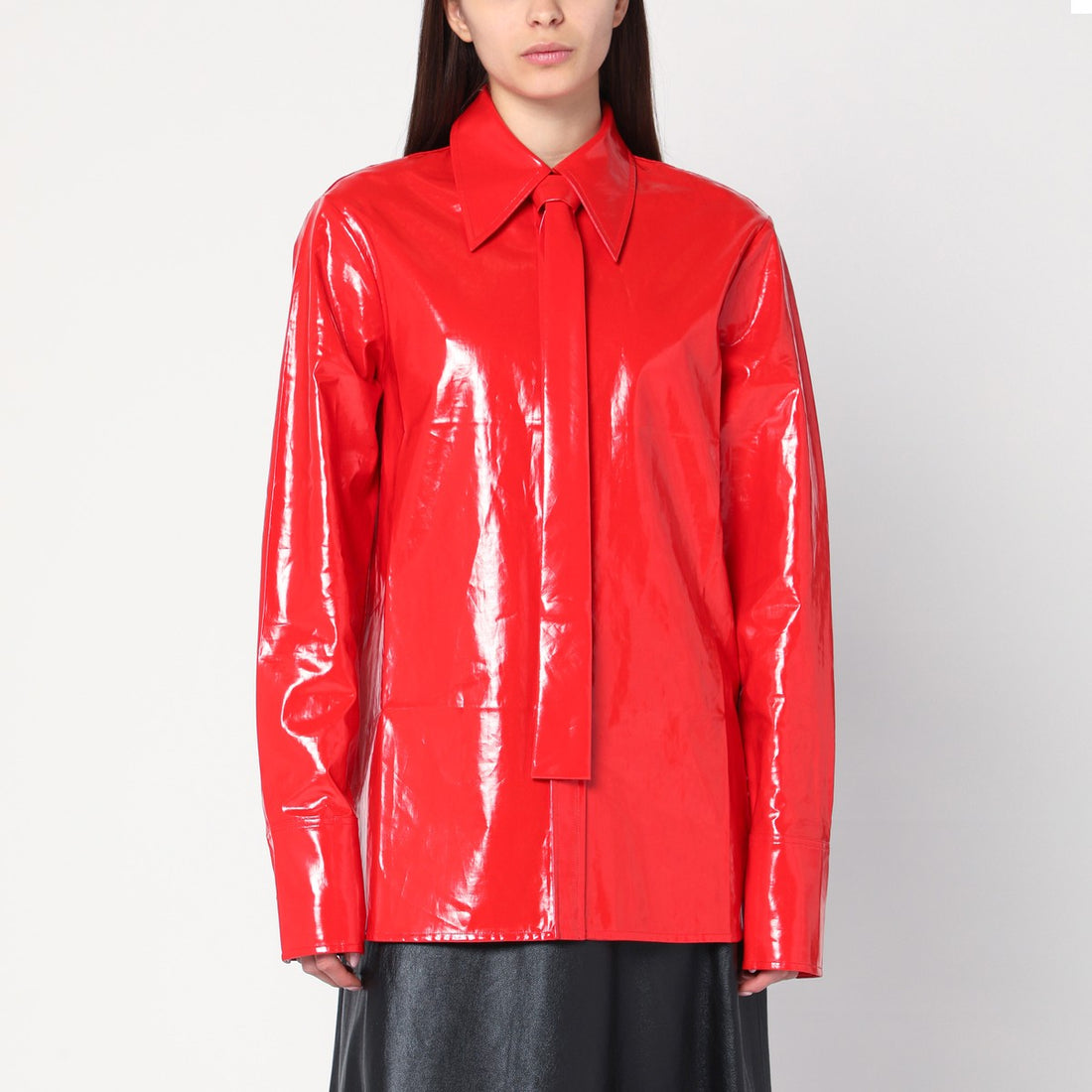 Jil Sander Shiny Linen Shirt with Coordinated Red Tie Red