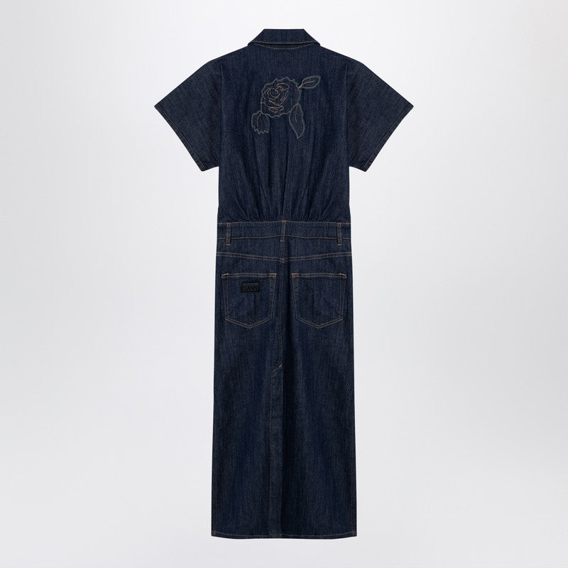 Ganni Blue Organic Denim Midi Dress with Gold-Tone Buttons Light blue